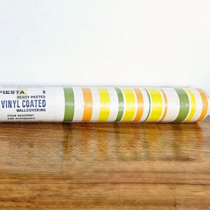 Vintage Fiesta Wallpaper Wallcovering Striped Ready Pasted Vinyl Coated Stain Resistant Scrubbable One Double Roll Yellow Orange Green Beige