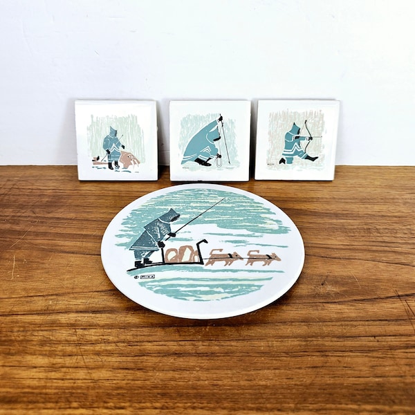 3 Vintage Inuit Themed Tile & Cork Coasters + 1 Large Melamine Trivet Designer Mika Ornamin   Hunting Walrus Sled Dogs Bow and Arrow Spear