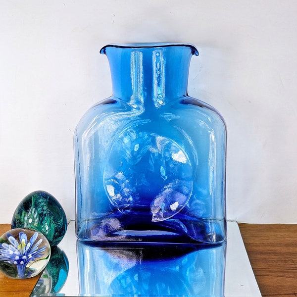 Mid Century Modern Blenko Glass Vintage Blenko 384 Classic Water Bottle - Blue Hand Blown Glass - Pitcher