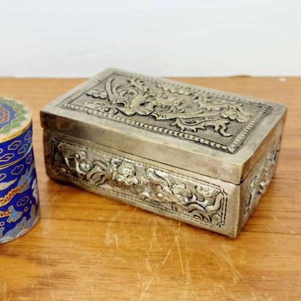 Antique / Vintage Chinese Dragon Themed, Silverplate Trinket Jewelry Lidded Box.  Over-The-Wall  Dragon Chest Repousse Engraved福 Happiness