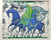 Eames Etruscan Horse Fabric, horses, chariot, Blue Green, Vintage Lrg Mid Century Modern Fabric wall art picture,machine quilted, Original