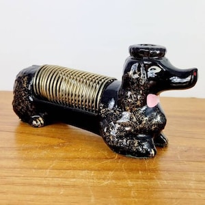 Ceramic Redware Wire Black / Brown, Gold Curly Dachshund reclining Dog Pen, Pencil, Letter Holder. Pink bow tie,  Original Paint. JAPAN.