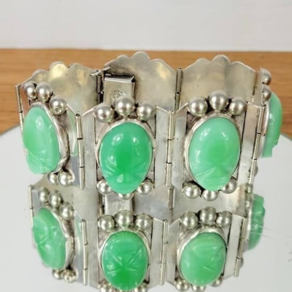 E. Ortiz  Taxco Handmade Sterling Silver & Turquoise Green Onyx Large Carved Stone Masks Link Vintage BRACELET. Rare color!