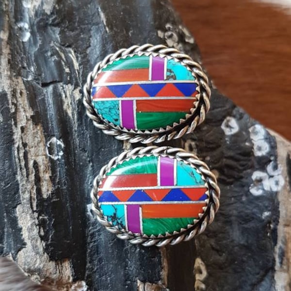 Navajo Richard Begay - RB - Sterling Silver Oval Earings Inlayed stone red coral, turquoise, lapis lazuli, malachite, amethyst