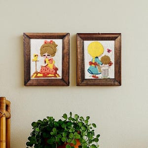 1970s Kitsch Embroidery Art | Framed Girl & Boy Yarn Art | Flower Power Wall Hanging | Retro Nursery Decor Handmade Textile Pair Made in USA
