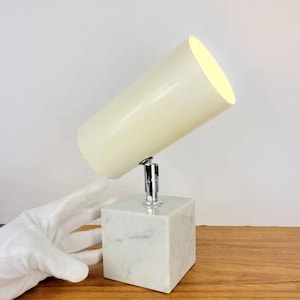 Robert Sonneman | George Kovacs | White / Chrome with Italian Carrera Marble Cube Base  Table Lamp. Mid Century Modern. Modernist