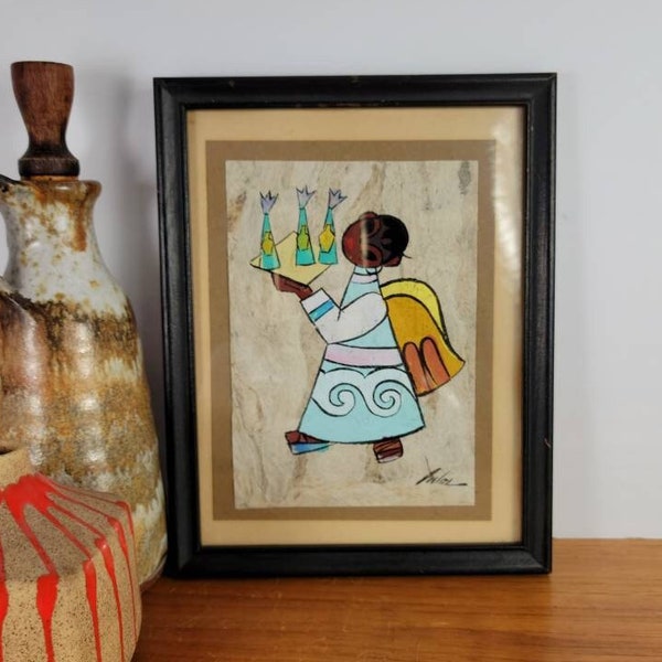 Mexican Folk Art Gouache Painting Amate Bark Paper, 1950s. Original Angel & Gifts. Vintage Mid Century Modern, Cubist, signed Palos Mexico