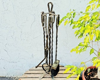 Brutalist Brass Finish Hammered Fireplace Tools & Stand, Fireplace Tool Set, Fire Irons, Fire Pit Set, Shovel, Brush, Poker Tongs, Modernist