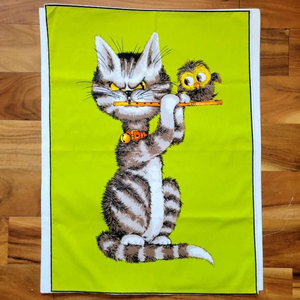 Vintage Panel Time By Wesco Relex Cat & Bird. Angry Tabby Kitty Playing Flute Wallhanging. Fabric Panel Mid Century Owl Cat. Shartruce green