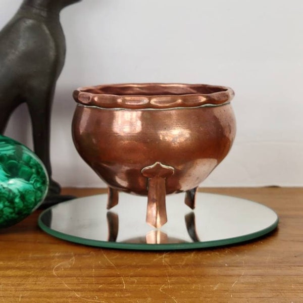 Arts & Crafts Copper Bowl Cornish,  England. Hand Made Vintage Antique.  Tripod, 3 Legged. Stylized Lotus Bud Feet. Crimped Rolled Edge