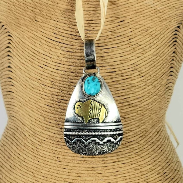 Tommy Singer Jewelry Navajo Buffalo Landscape Pendant Turquoise Sterling Silver 14k Gold Overlay Large Ring Early Unusual Thomas