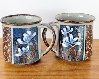 2 Otagiri Stoneware Coffee Mugs w/ Cyclamen Flower Blossoms & Geometric Lattice Design. Indigo Blue, Brown, Grey, Silver Luster Vintage