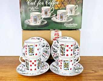 Porcelaine fine élisabéthaine Stoke on Trent, Angleterre, jeu de cartes, tasse et soucoupe, 4 cartes à jouer thé/café, jeu de cartes Bridge, boîte d'origine