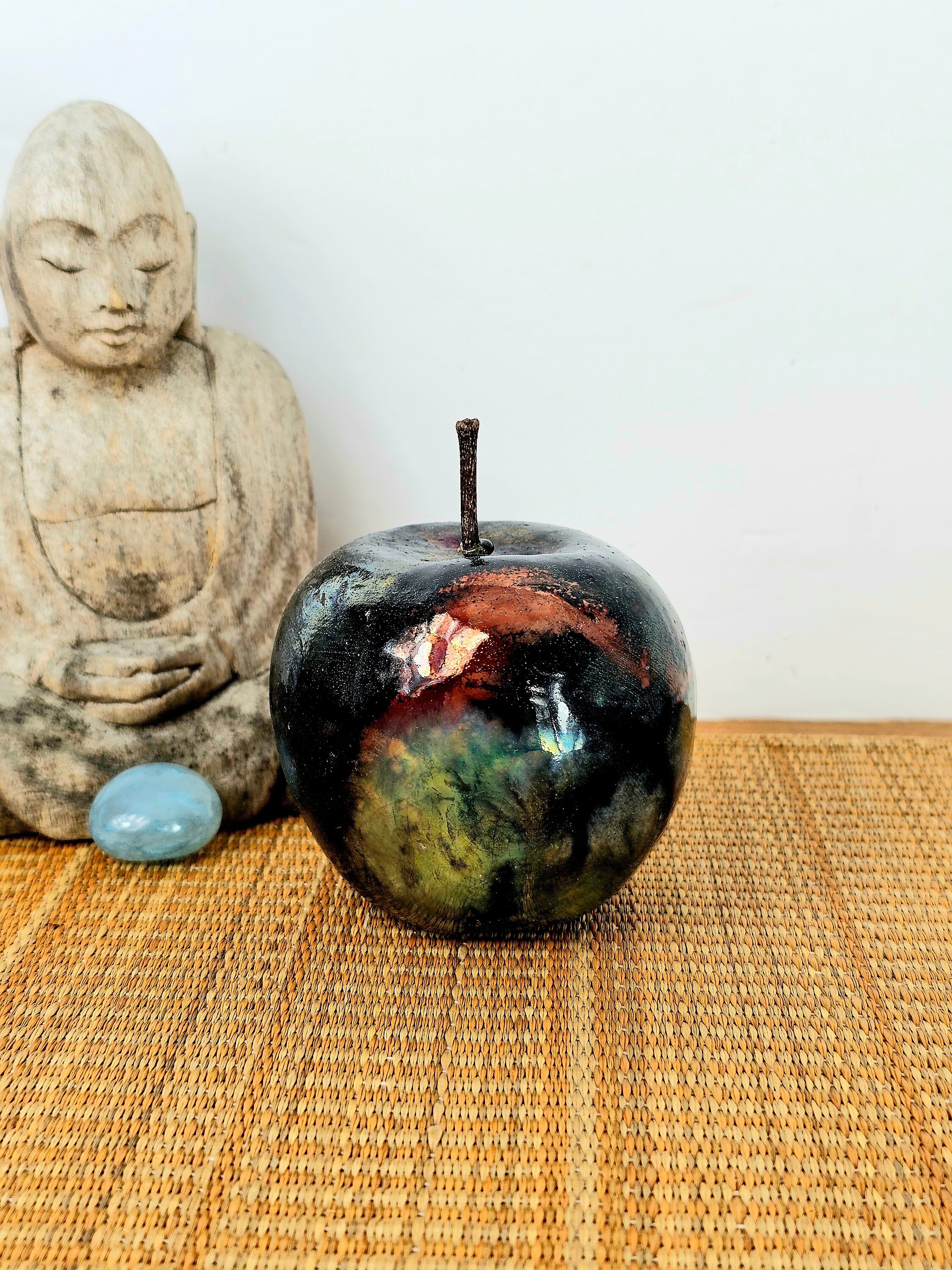 Apple - raku RAKU Apple With Real Stem Iridescent Black Gold Copper Blue