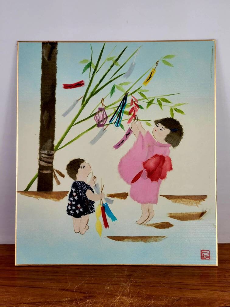 Japanese Chigiri-e, Torn Paper Art on a Shikishi Board