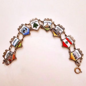 Silver Charms Lebanon Vintage silverplate Enamel Charms Bracelet, Shield Charm Link Bracelet. Cedar of Lebanon, Beyrouth, Grotto Aux Bigeans