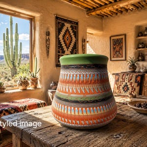 May include: A wide, tapered ceramic vessel featuring a smooth green rim and a textured body decorated with horizontal bands of orange, blue, and white geometric patterns. The vessel sits on a rustic wooden table in a sunlit room.