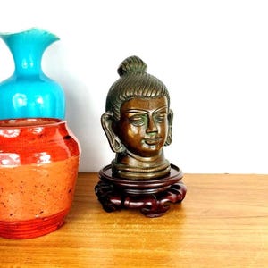 Bronze / Brass Buddha Head on Carved Wooden Lotus Flower Stand. Vintage.  Original Patina, slight Verdigris. Beautiful and Serene.
