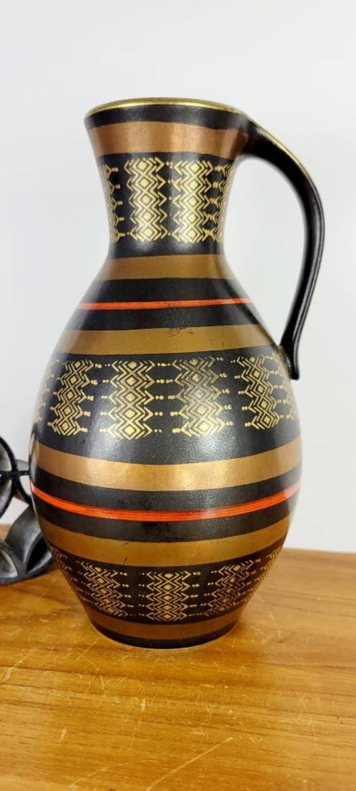 German Ceramic Vase/ Jug /ewer Flat Black With Repeating Gilt Etsy