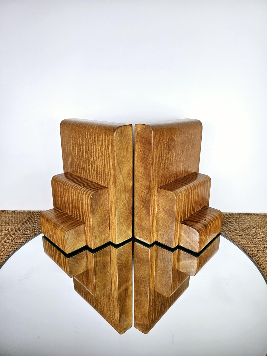 Pair Tiger Maple Bookends Curly Flame Maple Art Deco Waterfall Vintage ...