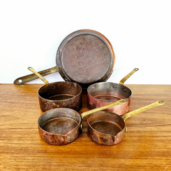 Vintage Solid Copper Brass Measuring Cups ( 1, 1/3, 1/4 ) Small Saute Pan Kitchenware Kitchen Decor Farmhouse French Country Cottage Cooking