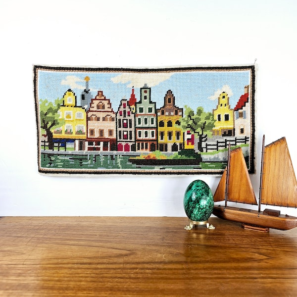 Vintage Amsterdam Row Houses on Canal Crossstitch Street Town Village Dutch Holland Netherlands Cross Stitch Wool Blend Canal Boat Water