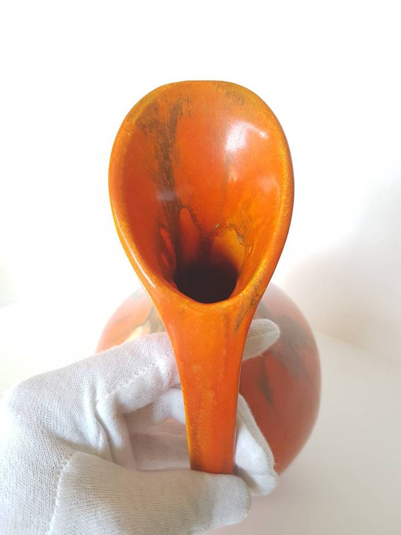 Vintage Mid-century Modern Design bright orange flambe drip glazed Ewer or Jug Royal Haeger Atomic Chrome Red Orange West Germany USA