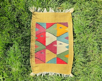 Vintage Woven Colorful  Wool Fish Weaving  Escher Style Geometric Graphic Repeated Interlocking Colorful Wall Hanging Art Jewel Colors