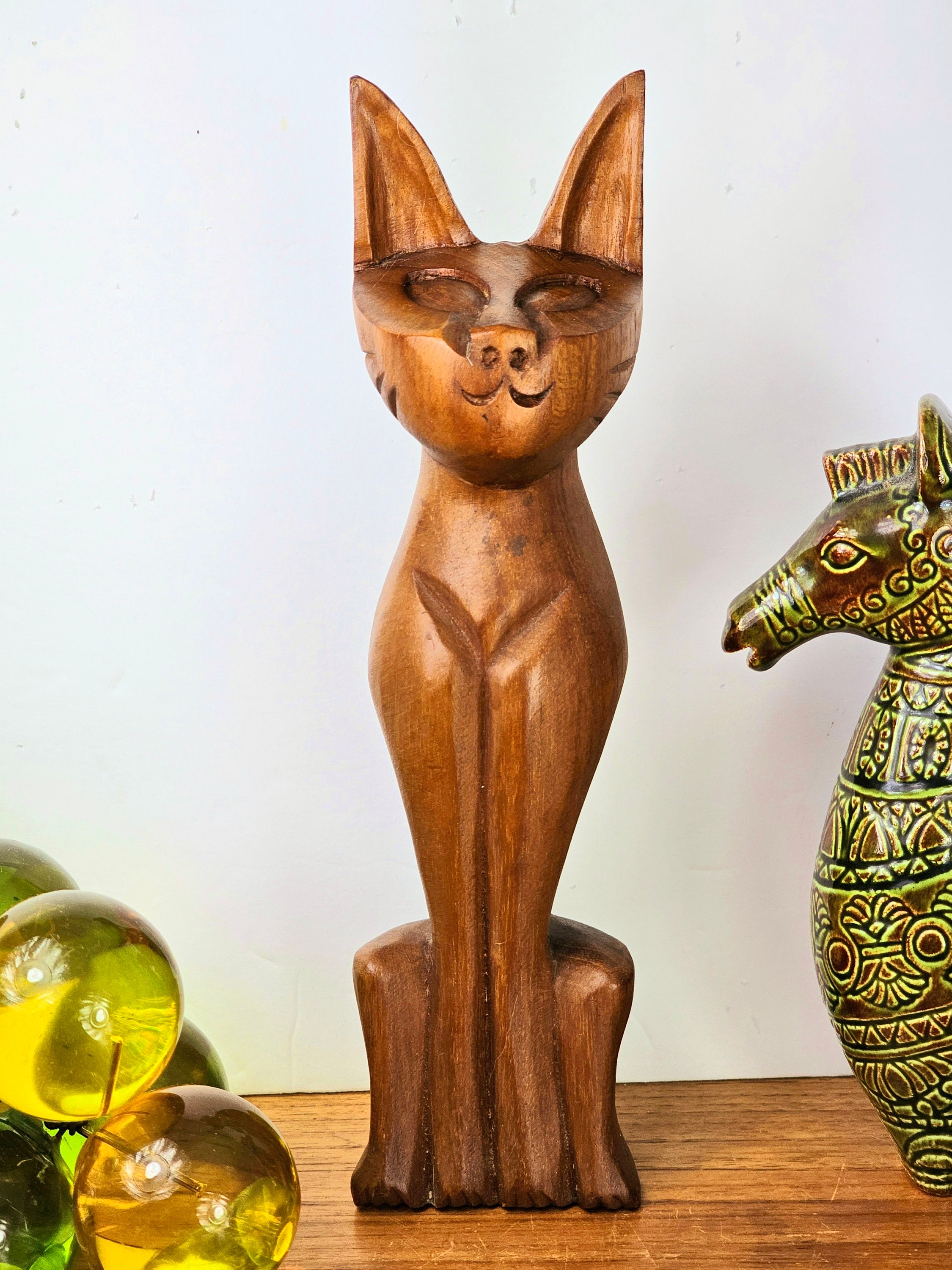 Wooden Teak Cat Mid Century Modern Statue Sphinx Statue Atomic