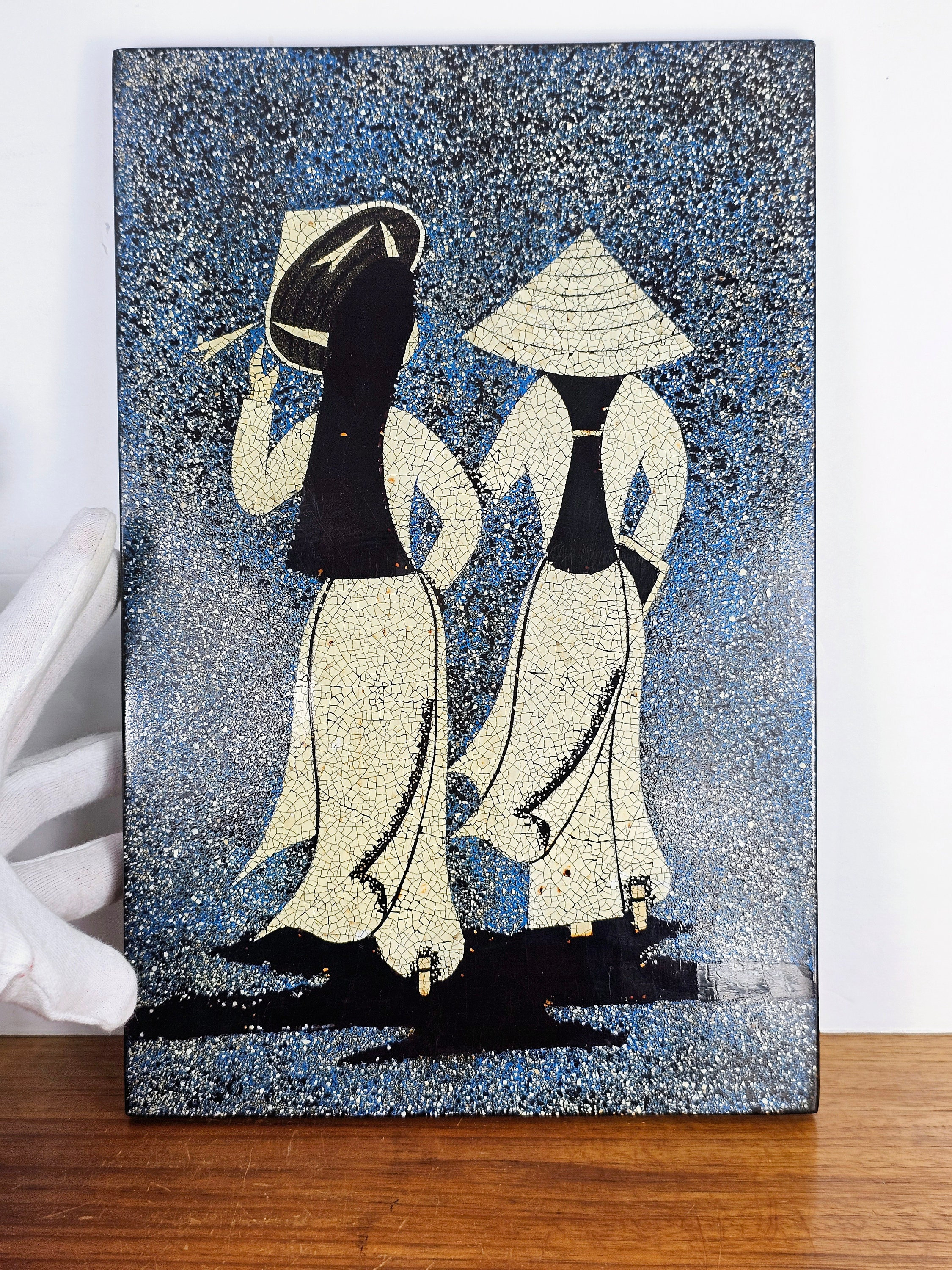 Vintage Vietnamese Art Lacquer Eggshell Mozaic Picture - 2 Vintage Vietnamese Art Lacquer Eggshell Mozaic Picture - 2