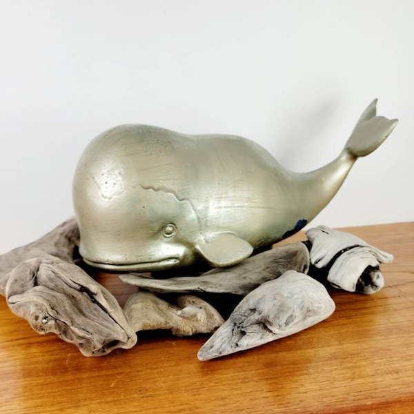 Vtg Sperm / Beluga Whale Hobbyists Sculpture. Silver Chippy Paint. Shabby Chic. Stylized. Seaside Cottage Decor. Kitch