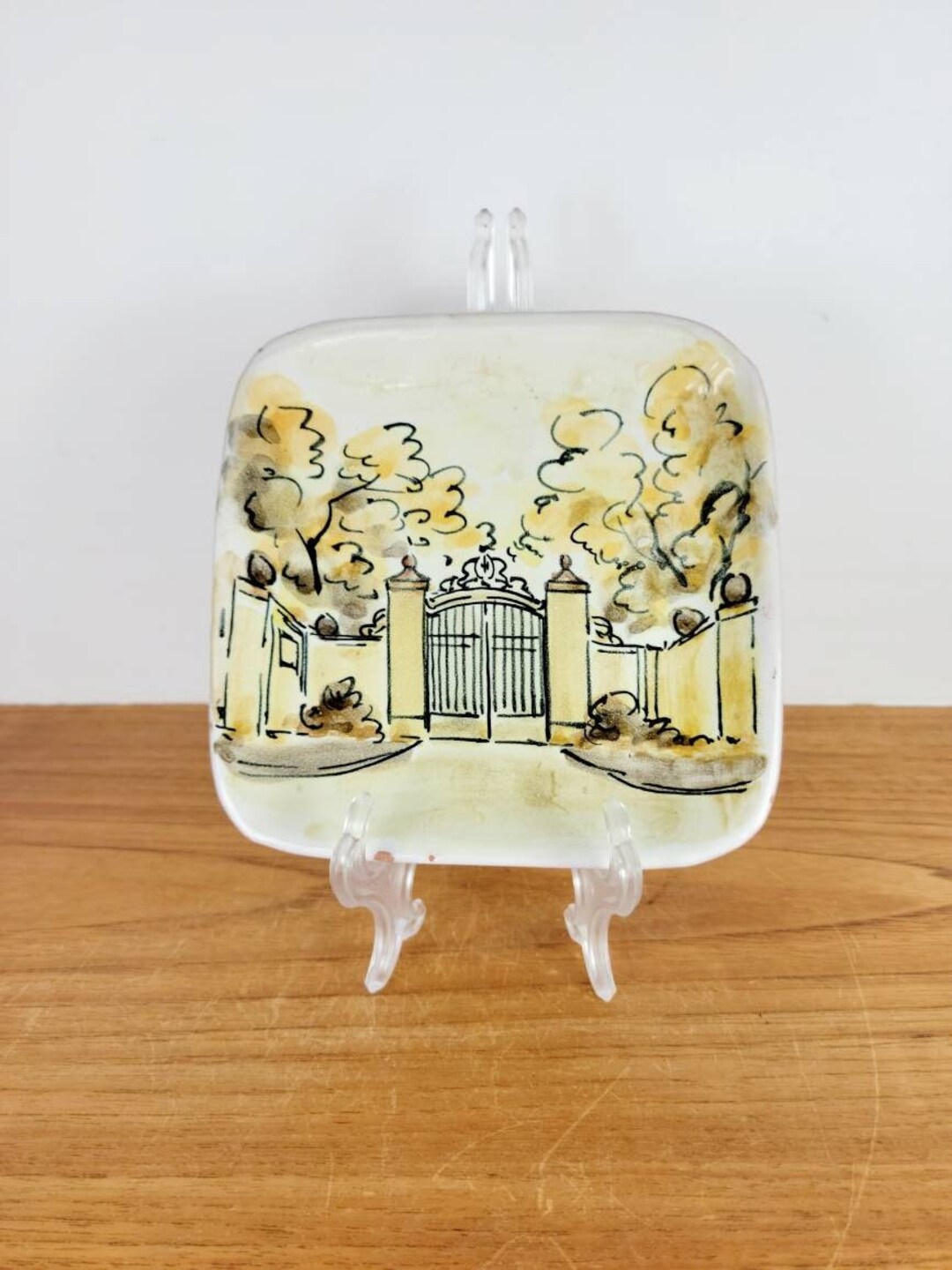Main Gate Harvard University Ceramic Dish. P.V. Italy. Tin Glazed Hand