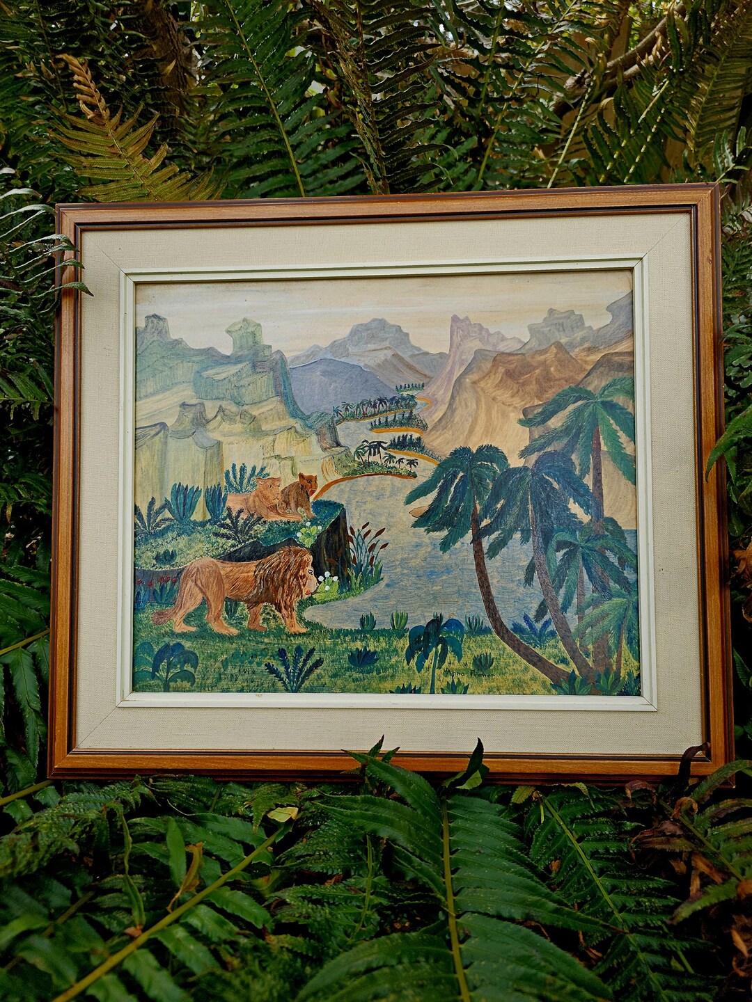 Primitive Valley Landscape Painting, Naive Art Style, Lion Family ...