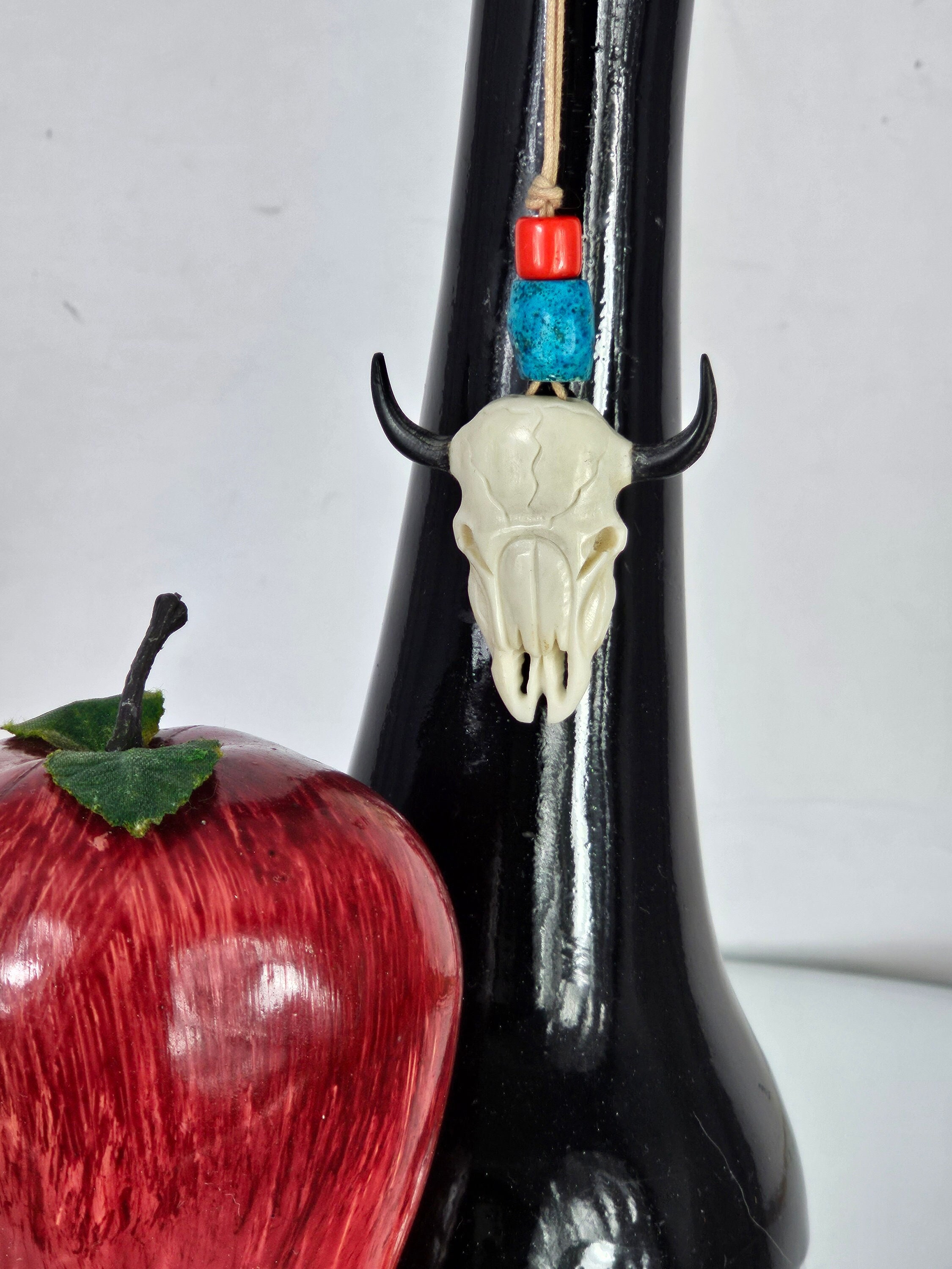 Hand Carved Cow Skull Shaped Bone / Horn Pendant. Sun Bison Southwest Navajo Style Desert Turquoise Blue & Coral Red colored Bead. Miniature