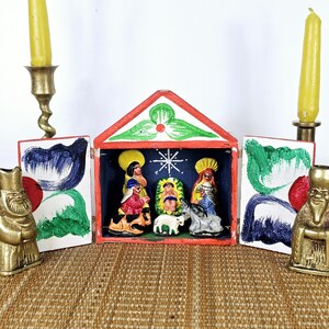 Vintage Folk Art Nativity Scene – Painted Wood Box with Doors – Handcrafted 4” Crèche – Latin American Style