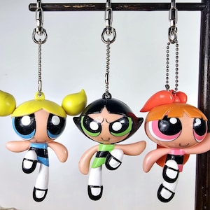 Rare 1999 Powerpuff Girls Keychains – Blossom, Bubbles & Buttercup – Vintage Cartoon Network Set