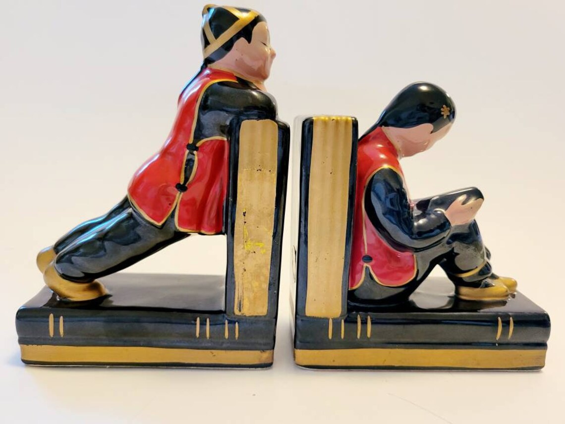 2 Vintage Asian Ceramic Bookends Pair Chinese Boys Black Red Etsy