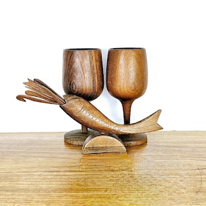 A Pair Teak Goblets and Fish Hor D&#39;oeuvre Pic holder & 7 Teak Pics or Olive Skewers. Mid Century Modern Barware or Cocktail Accessories.