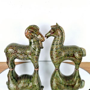 Pair Mid Century Modern Glazed Ceramic Sculptures RAM and HORSE Figurine Italian/ Bitossi Style Etruscan Style Decorated Vintage Signed BD