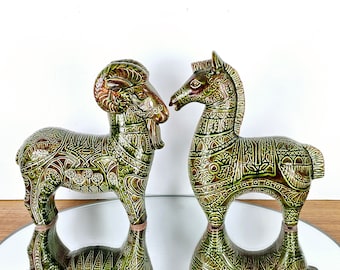 Pair Mid Century Modern Glazed Ceramic Sculptures RAM and HORSE Figurine Italian/ Bitossi Style Etruscan Style Decorated Vintage Signed BD