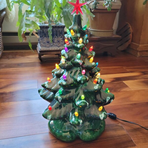 Reserved for Travis** Vintage Ceramic Lighted Christmas Tree  Atlantic Mold 1970'S. 17” tall Two Pieces.  Glazed Snow Tips. Lava Glaze Snow.