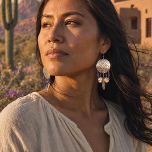 Vintage Zuni Sterling Silver LL 1992 Earrings Amethyst Abalone Shell Feather Dangles Linette Laiwakete Handmade Southwestern Statement Boho