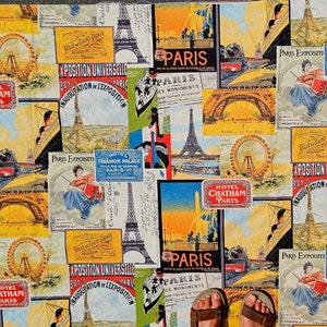 Coton épais Vilber Espagne Impression textile vintage Fabric Paris Affiches anciennes Carte postale publicitaire Voyage Exposition Tour Eiffel Hôtel 2 m