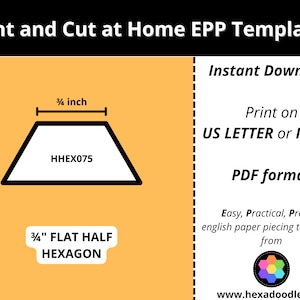 HHEX075 - Flat Half Hexagons - EPP Print and Cut at Home templates - 3/4 inch sides for printing and cutting out at home. 70 pieces per page