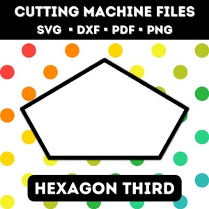 May include: A black and white hexagon shape on a white background with a colourful polka dot pattern. The text "HEXAGON THIRD" is below the shape.