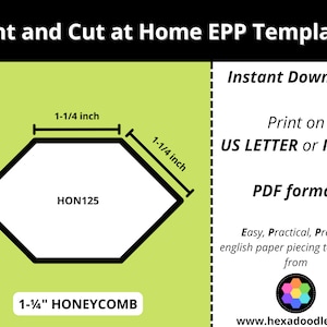 Puede incluir: Una plantilla imprimible para una forma de panal hexagonal de 1-1/4 pulgadas. La plantilla está etiquetada como "HON125" y está diseñada para usar con English Paper Piecing (EPP). La plantilla está disponible para descarga instantánea en formato PDF y se puede imprimir en papel A4 o US Letter.