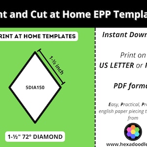 Puede incluir: Plantilla imprimible para una forma de diamante de 72 grados de 1-1/2 pulgadas. La plantilla está etiquetada como "5DIA150" y está diseñada para el acolchado de papel inglés. La plantilla está disponible para descarga instantánea en formato PDF y se puede imprimir en papel US Letter o ISO A4.