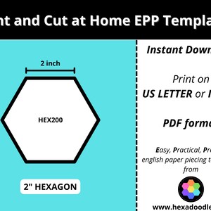 Pode incluir: Um modelo imprimível para um hexágono de 5 cm, perfeito para patchwork inglês. O modelo está disponível para download instantâneo em formato PDF e pode ser impresso em papel US Letter ou ISO A4. O modelo é de hexadoodle.com.