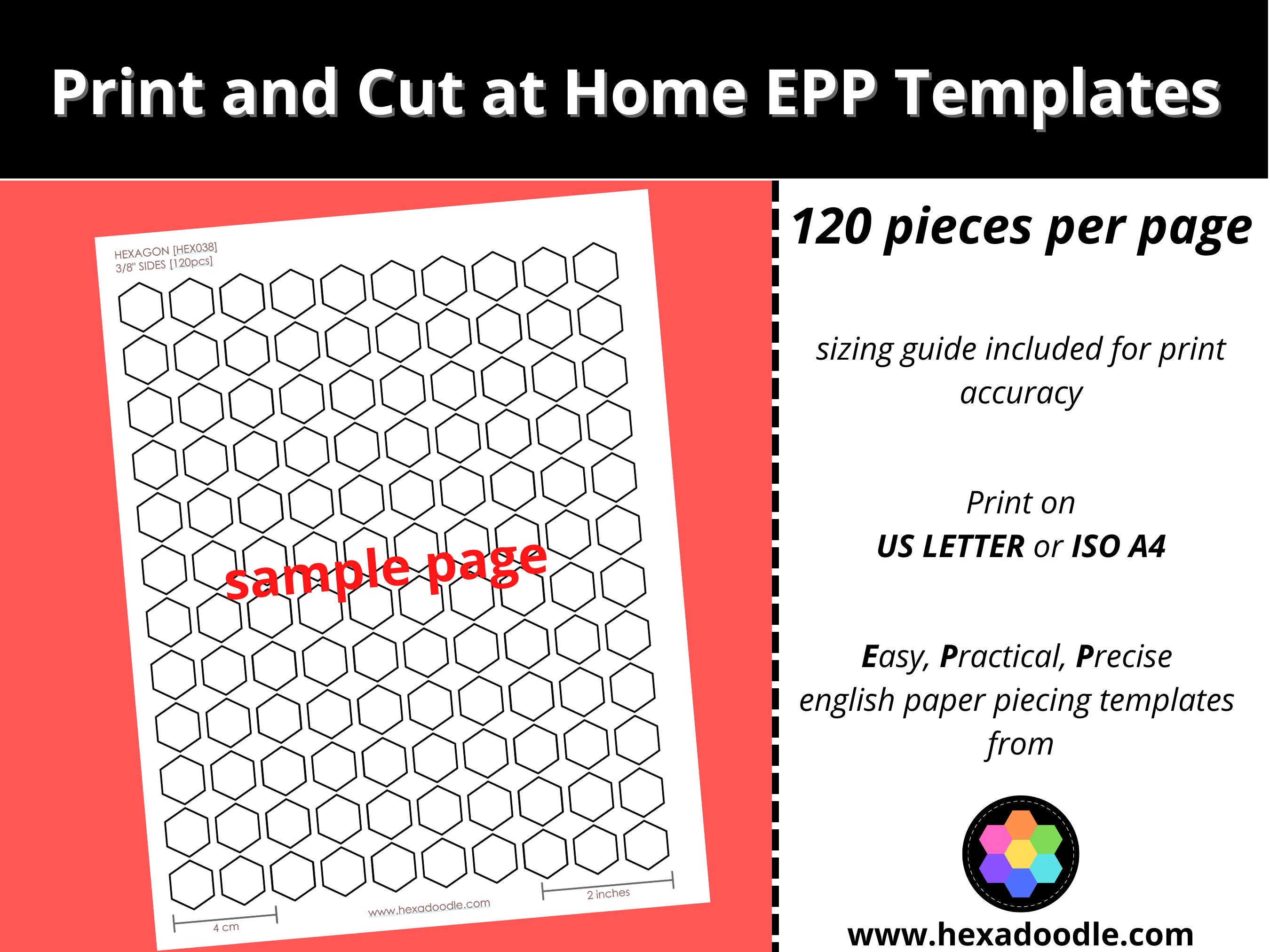 HEX038 - HEXAGON - EPP Print and Cut at Home Templates - 3/8 Inch Sides ...