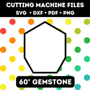 May include: A black and white image of a 60 degree gemstone shape. The shape is outlined in black and is on a white background with a colorful polka dot pattern.